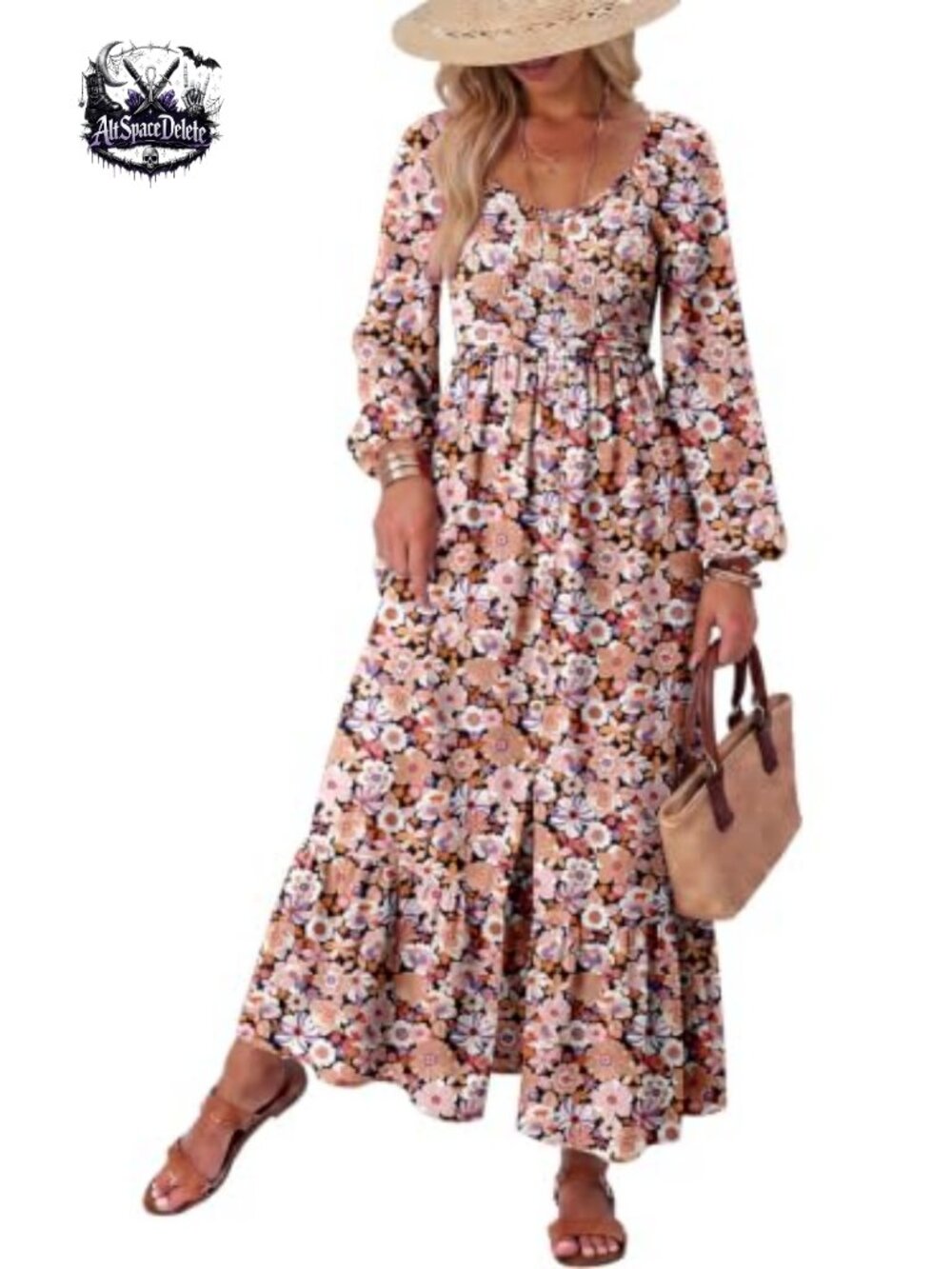 Boho Floral Smocked Square Neck Long Sleeve Maxi Dress